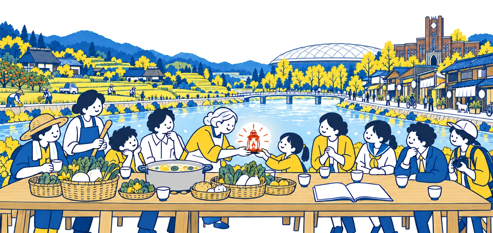 川べりの長いテーブルを世代も立場も違う人たちが囲み、灯りを子どもに手渡す絵