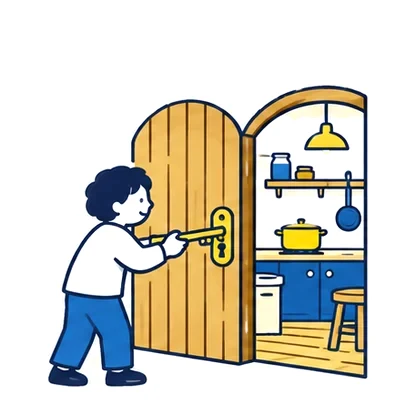 鍵を開けて工房に入る小人