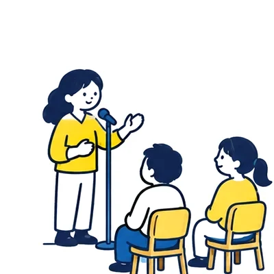 マイクで話す小人と聞く小人たち