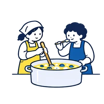 大きな鍋を囲んで料理する小人たち